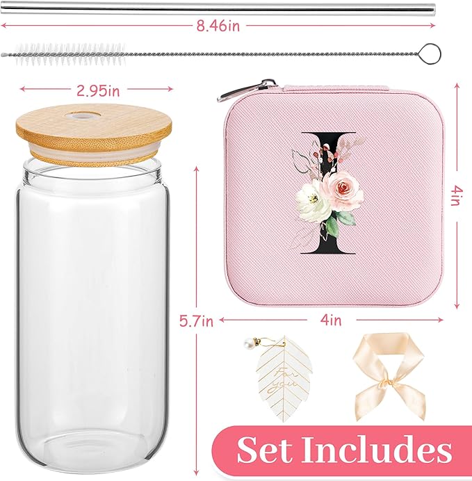 AYGXU Small Travel Jewelry Case, Portable Jewelry Box, Organizer Storage Holder Box, Iced Coffee Cute Tumbler Cup, Bamboo Lids for Glass, Teacher Gifts for Women, Initial I Pink