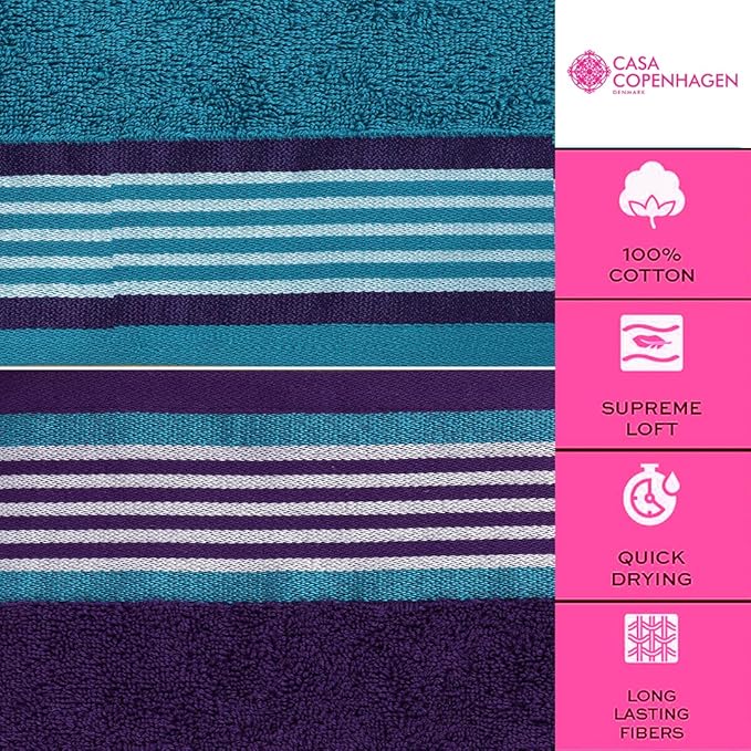 CASA COPENHAGEN Designed in Denmark 550 GSM 2 Large Bath Towels 2 Large Hand Towels 2 Washcloths, Super Soft Egyptian Cotton 6 Towels Set for Bathroom, Kitchen & Shower - Violet Indigo & Teal Green
