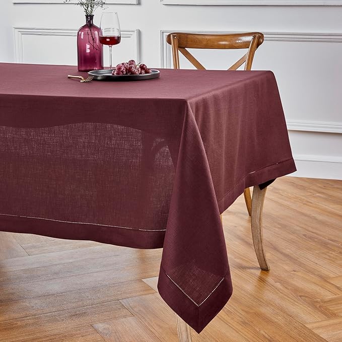 Solino Home Linen Burgundy Tablecloth 60 x 108 Inch - Classic Hemstitch, 100% Pure Linen Rectangular Tablecloth - Machine Washable Table Cloth for Valentines, Winter, New Year