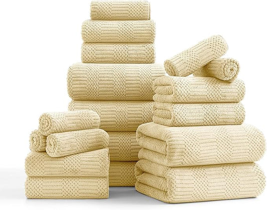 18 Pcs Yellow Woven Family Towels Set-6 Bath Sheets,6 Hand Towels,6 Washcloths Soft Polyester Towels Absorbent Shower Towel Quick Dry Beach Chair Towel Lint Less Towels Set for Bathroom Spa Gym Hotel