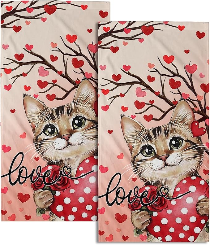Imiss Red Cat Heart Rose Hand Towels - Red Love Hearts Tree Decorative Bathroom Kitchen Dish Towel Set of 2 Holiday Guest Towels 14.4 x 28.3 Inch for Gym,Spa,Hotel
