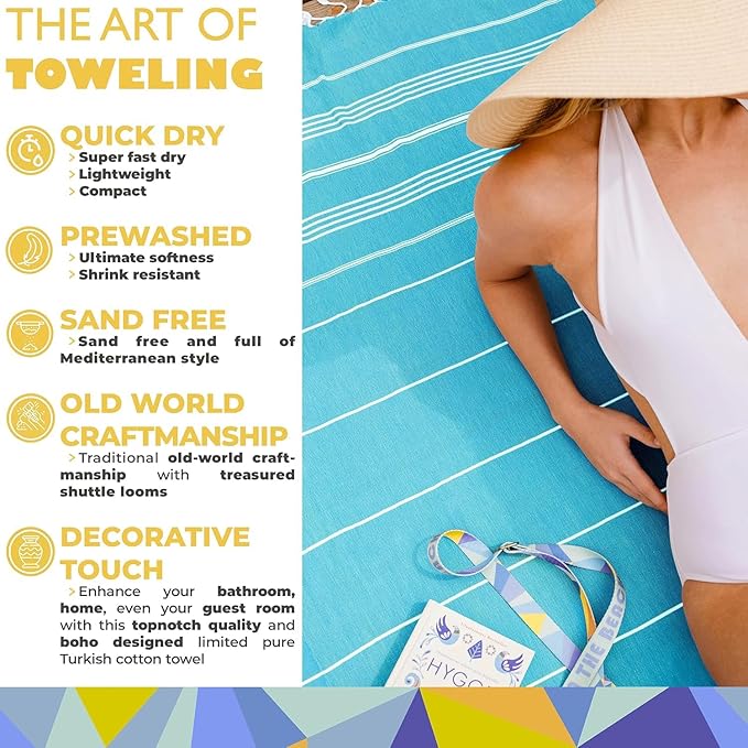 Madamelique Turkish Beach Towel Oversized - 39 x 74 - Quick Dry - Sand Free - Extra Large - Prewashed Beach Towels - Summer Gift - Beach Essentials (Mediterranean Without Bag, Turquoise)
