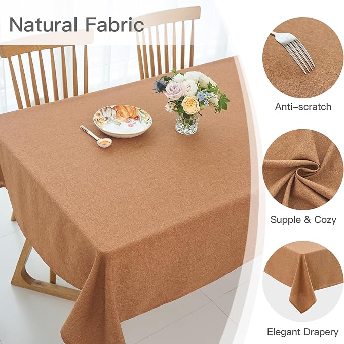 maxmill Fall Rectangle Tablecloth Waterproof Spillproof Wrinkle Resistant Washable Decorative Fabric Linen Textured Dining Table Cloth for Harvest Thanksgiving Dinner Parties, 52 x 70 Inch, Amber
