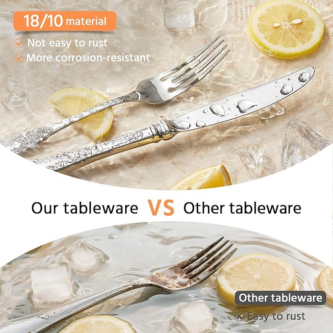 KINGSTONE Vintage Carved Silverware Set, 5-Piece 18/10 Stainless Steel Flatware Cutlery Set with Retro Royal Thick Handle, Tableware Utensils for Home, Restaurant, party, Wedding, Dishwasher Safe