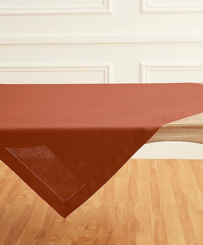 Solino Home Linen Cinnamon Tablecloth 52 x 52 Inch - 100% Pure Linen Square Table Throw - Classic Hemstitch, Machine Washable Table Cloth
