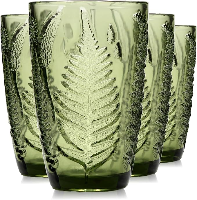 Green Drinking Glasses Set of 4, 12 oz Handcrafted Vintage Drinking Glasses, Fern Embossed Antique Glassware, Boho Aesthetic Textured Glass Cups, Colored Highball Tumblers, Retro Drinkware Gift Set