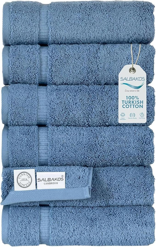 SALBAKOS 100% Turkish Cotton Hand Towel Set of 6 16x30 inch | Heirloom Quality | Hotel & Spa Collection | Ultra Soft, Super Absorbent, Long Lasting Hand Towels | Made in Turkey (Blue, 6 Hand Towels)