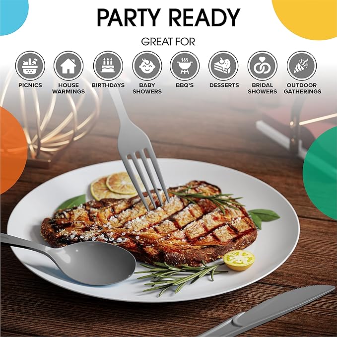 Party Solids Silver Plastic Spoons 200 Pieces Silver Spoons Disposable Utensils Heavy Duty Plastic Cutlery Set Disposable Cutlery Sets Flatware Sets Silverware Set Party Supplies & Party Tableware