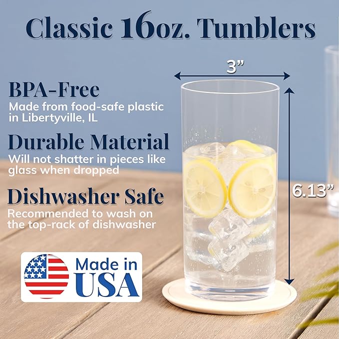 US Acrylic Classic Clear Plastic Reusable Drinking Glasses (Set of 6) 16oz Water Cups | BPA-Free Tumblers, Made in USA | Top-Rack Dishwasher Safe