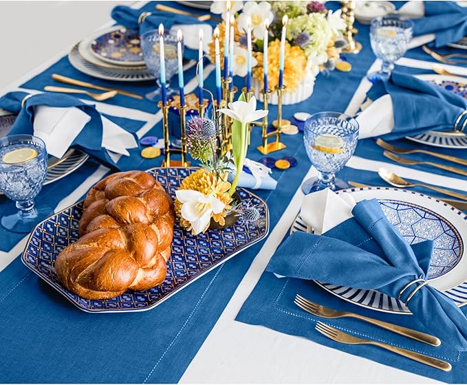 Solino Home Linen Indigo Blue Table Runner 144 Inches Long - 100% Pure Linen Extra Long Table Runner 14 x 144 Inch for Winter - Classic Hemstitch