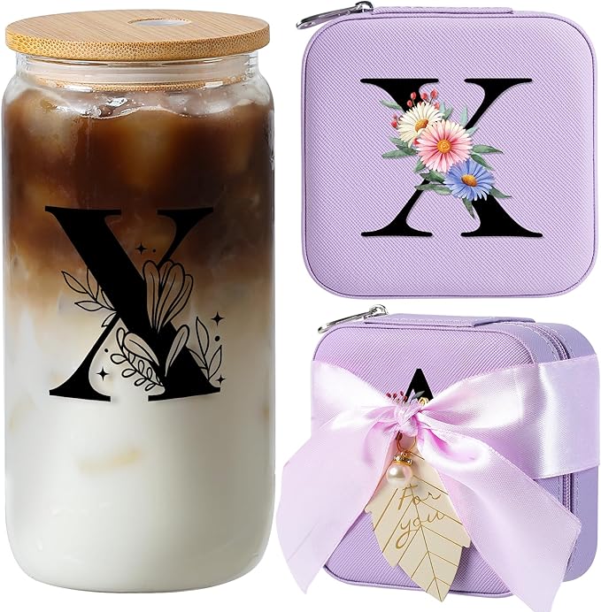 AYGXU Personalized gifts for bridesmaid,16oz glass cups with lid and straw,Jewelry Organizer,Graduation Travel Gifts for Women,Personalized Travel Mini Jewelry Case,Initial X purple