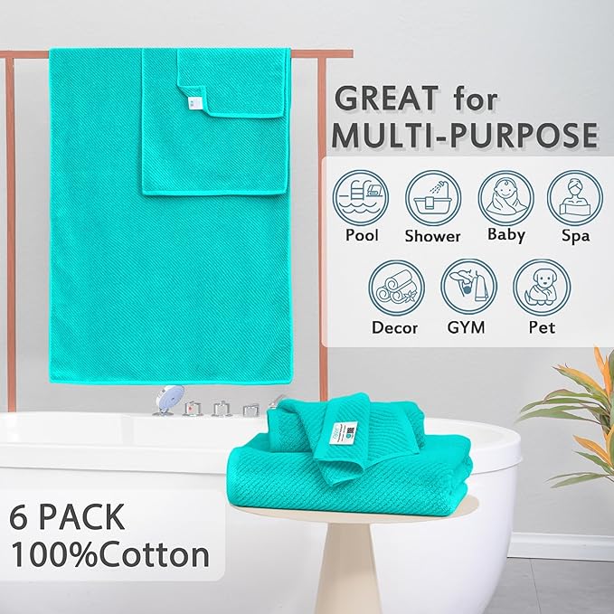 Turquoise Bath Towel with Hanging Loop - 100% Cotton, Soft, Quick Dry, Lightweight, Towel Set of 6, 2 Large Bath 30"x56", 2 Thick Hand 18"x28", 2 Absorb Washcloths 13"x13", Luxury Gift Set