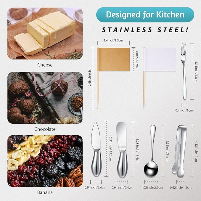 Patelai Charcuterie Board Accessories Cheese Spreader Knife Set Charcuterie Utensils Butter Knife Stainless Steel Mini Serving Tongs Spoons Appetizer Forks for Pastry Christmas(Silver,20 Pieces)