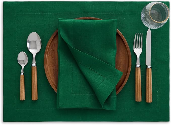 Solino Home Linen Placemats Set of 4 - Green Placemats 14 x 19 Inch - 100% Pure Linen Table Place Mats - Fete