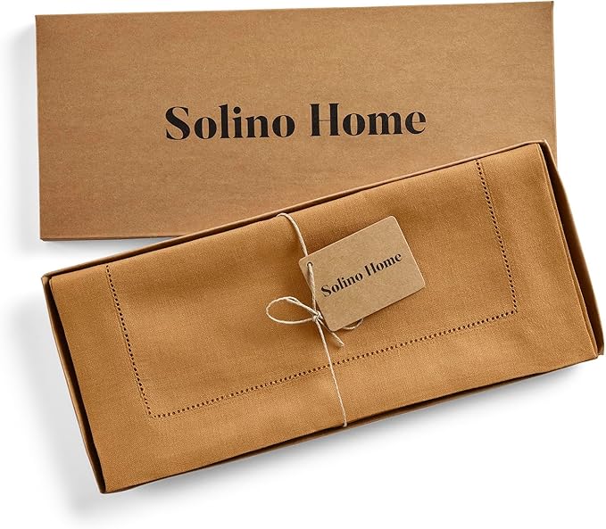 Solino Home Linen Table Runner 48 Inches - 100% Pure Linen Brown Sugar Hemstitch Table Runner 14 x 48 Inch Ideal for Dresser and Coffee Tables - Classic Hemstitch