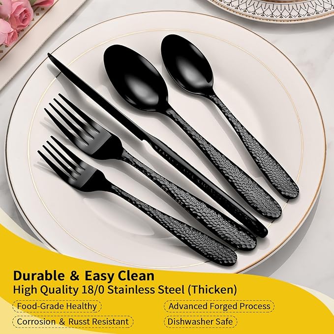 Black Hammered Silverware Set, 40-Piece Heavy Duty Stainless Steel Flatware Sets for 8, Food-Grade Cutlery Set for Home Restaurant, Mirror Polished, Dishwasher Safe