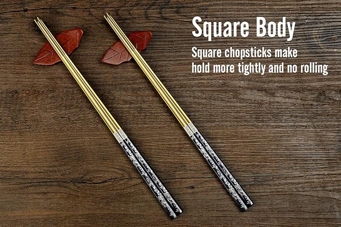 Chopsticks Reusable Titanium Plated Metal Chopsticks 304 Stainless Steel Chopstick Dishwasher safe Japanese Korean lightweight Engraved Anti-slip Chop sticks for Eating 2 Pairs Gift Set Black Gold