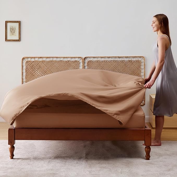 Bedsure Queen Sheet Set, Rayon Derived from Bamboo, Cooling Sheets, Breathable & Soft, Deep Pocket Up to 16 Inches, Hotel Luxury Silky Bedding for Hot Sleepers, Khaki