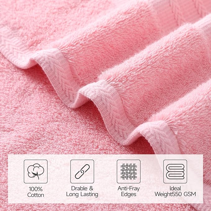 REDKISS Pink Towel Set of 8-100% Cotton Luxury Bath Towels Set for Bathroom, 600 GSM Highly Absorbent Bathroom Towel with 2 Large Bath Sheet, 2 Hand, 4 Washcloths, Pink Shower Towels for Dorm