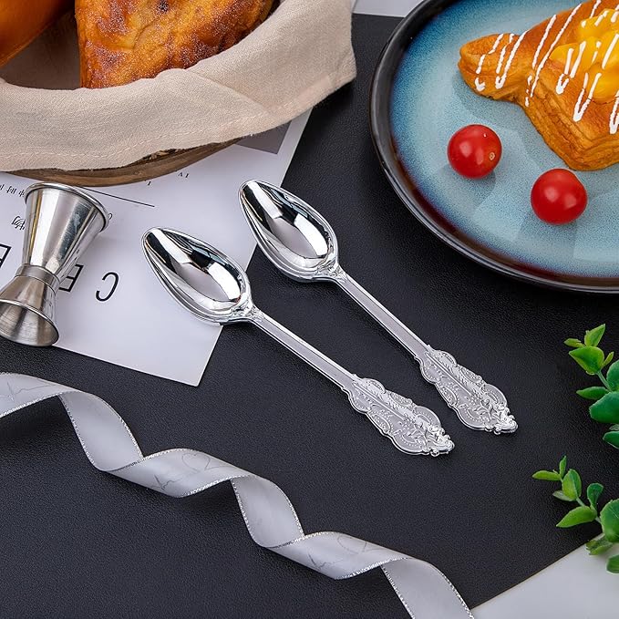 WDF 100 Piece Silver Plastic Spoons Disposable - 6.93 Inch Baroque Silver Silverware for Dessert Cake - Heavy Duty Plastic Spoons for Christmas Party, Wedding or Daily Using