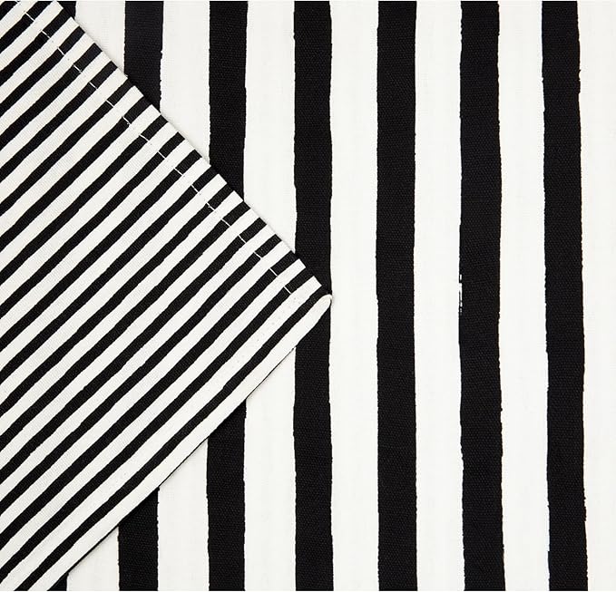 Kate Spade New York Hand Painted Shirting Stripe Reversible Table Runner, 100% Cotton, Cream/Black, 15"x72"