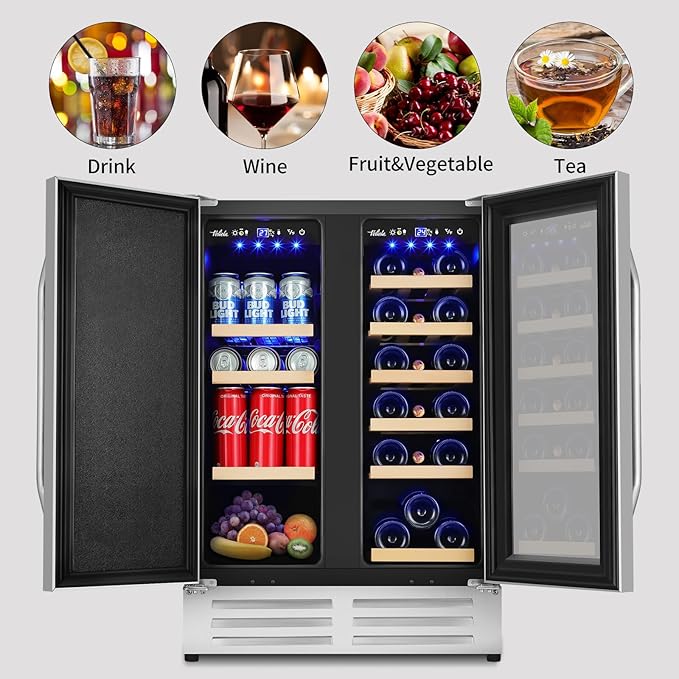 24 Inch Wine and Beverage Refrigerator, Dual Zone Wine Beverage Cooler, Built-in/Freestanding Beer and Wine Fridge with a Powerful Compressor, 20 Bottles and 88 Cans Capacity