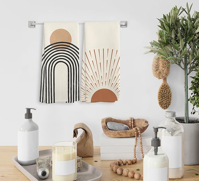 Boho Black Sun Sunrise Sunshine Rainbow Kitchen Towels and Dishcloths Sets of 2,Bohemian Absorbent Drying Cloth Hand Towels Tea Towels for Bathroom,Boho Gifts for Women Girls,16×24 inches (brown2)