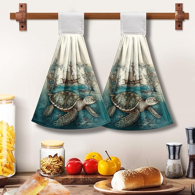 Sea Turtle Hanging Kitchen Towels Set of 2 Summer Ocean Turtle Hand Towel with Loop Coastal Tortoise Sailboats Hanging Dish Towels Absorbent Tie Towel for Bath Kitchen Home
