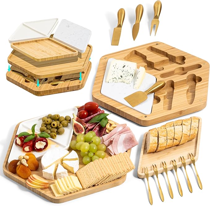 Premium Bamboo Cheese Board and Knife Set - Versatile Charcuterie Board Gift Set with High-Grade Steel Gold Cutlery, Eco-Friendly Giant Modular Design for Entertaining, Ideal for Foodies & Couples