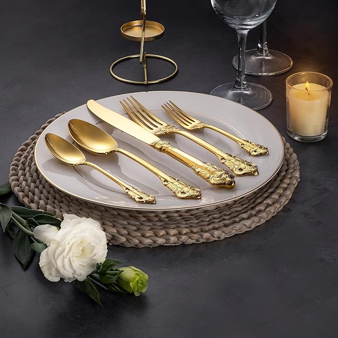 KEAWELL Luxury Dinner Fork, Set of 4, 18/10 Stainless Steel, 8 Inches, Dishwasher Safe, Mirror Polished, Silverware Fork Set (Gold)