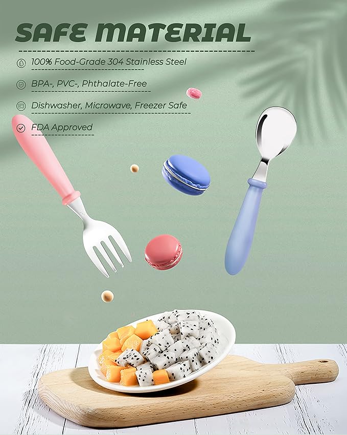 DF DUALFERV 10 pcs Toddler Utensils, Stainless Steel Toddler Silverware Set with Round Handle, Baby Forks for Self Feeding, 5 Forks and 5 Spoons