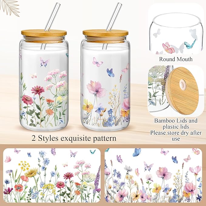 Mumufy Gift for Women Cute Glass Cup Tumbler Flower Iced Coffee Mugs 16 oz Glass with Bamboo Lid & Straw, Mothers Day Birthday Gift for Mom Sister Bridesmaid Baby Shower(2 Pack,Wild Flower2)