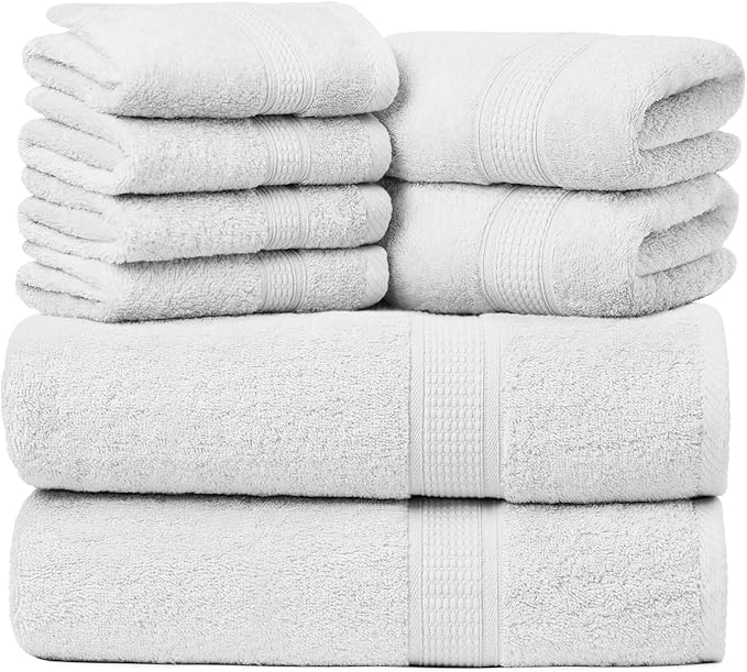 Ariv Towels Pack of 8, Premium Cotton Towel Set (2 Bath Towels + 2 Hand Towels + 4 Washcloths), Large, Super Soft, Quick Dry, Highly Absorbent for Home, Bathroom, Gym, Hotel & Spa - White