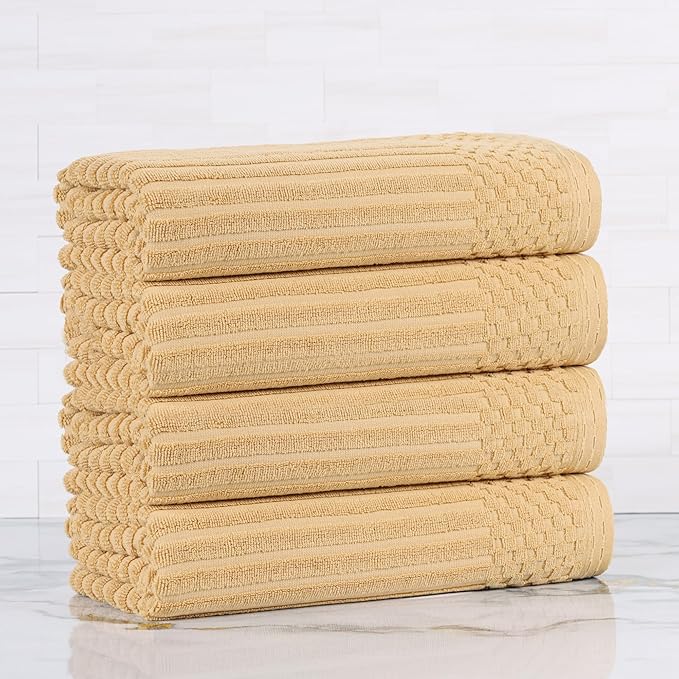 Superior Cotton Bath Towel Set of 4, Daily Use for Bathroom, Guest Bath, Quick Dry, Spa, Resort Towels, Ribbed, Absorbent, Home Essentials, 4-Piece Bath Towels, Soho Collection, Gold