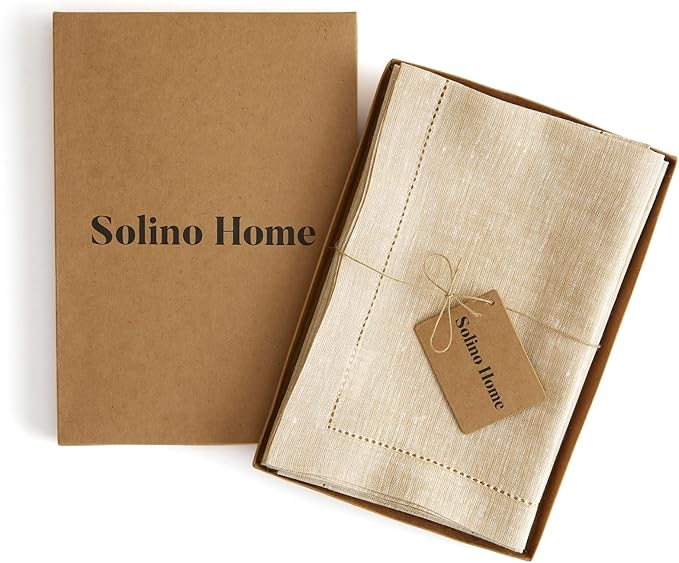 Solino Home Linen Napkins Set of 4 - Hemstitch 100% Pure Linen Champagne Beige Dinner Napkins Cloth 20 x 20 Inch for Holiday, New Year - Milan, Handcrafted and Machine Washable
