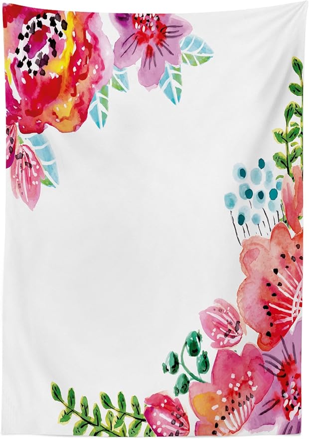 Ambesonne Floral Tablecloth, Flourishing Spring Flowers and Leaves in Watercolors Frame Colorful Design, Dining Room Kitchen Rectangular Table Cover, 60" X 84", Pink Magenta