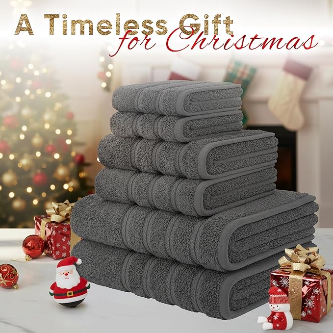 American Soft Linen Luxury 6 Piece Towel Set, 2 Bath Towels 2 Hand Towel 2 Washcloths, 600 GSM 100% Cotton Turkish Towels for Bathroom, Dark Gray Towel Sets