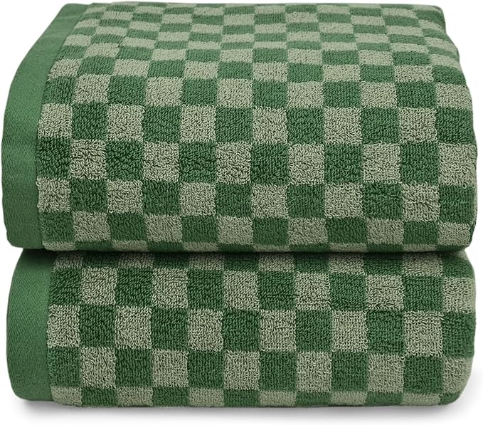 Jacquotha Luxury Bath Towels for Bathroom Green Checkered (54x28 Inches) - Cotton Soft Absorbent Shower Towels 2 Pack Daily Use Lightweigt, Quick Dry, Decorative