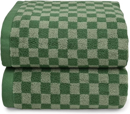 Jacquotha Luxury Bath Towels for Bathroom Green Checkered (54x28 Inches) - Cotton Soft Absorbent Shower Towels 2 Pack Daily Use Lightweigt, Quick Dry, Decorative