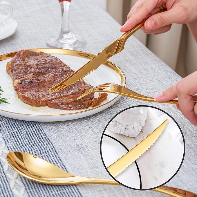 24 Pieces Gold Silverware Set with Steak Knives Service for 4,Modern 18/10 Stainless Steel Flatware Cutlery Set,Utensil Set for Home Restaurant Hotel,Mirror Polished,Dishwasher Safe