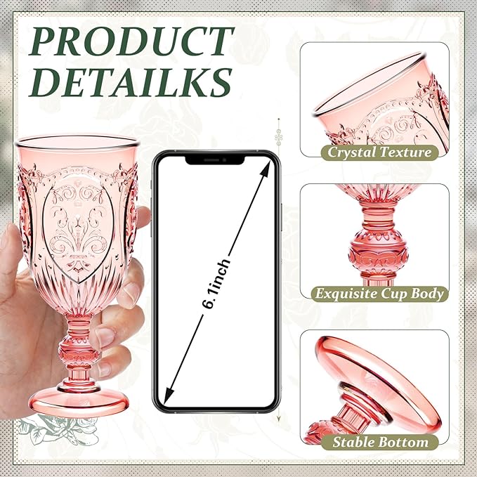 24 Pcs Plastic Goblets 7.5oz Vintage Goblet Plastic Wine Glasses Colored Retro Embossed Water Goblets for Wine Bar Juice Baby Shower Wedding Reception Grand Event Party (Pink)