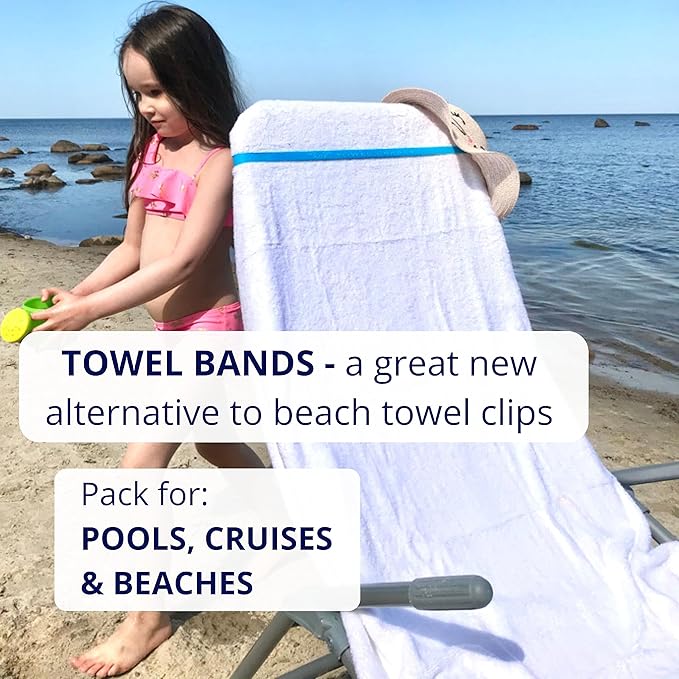Towel Bands (6-Pack), Beach, Pool & Cruise Chairs, Extra Durable, No Snapping, Cruise Ship & Beach Essentials, Great Alternative to Beach Towel Clips