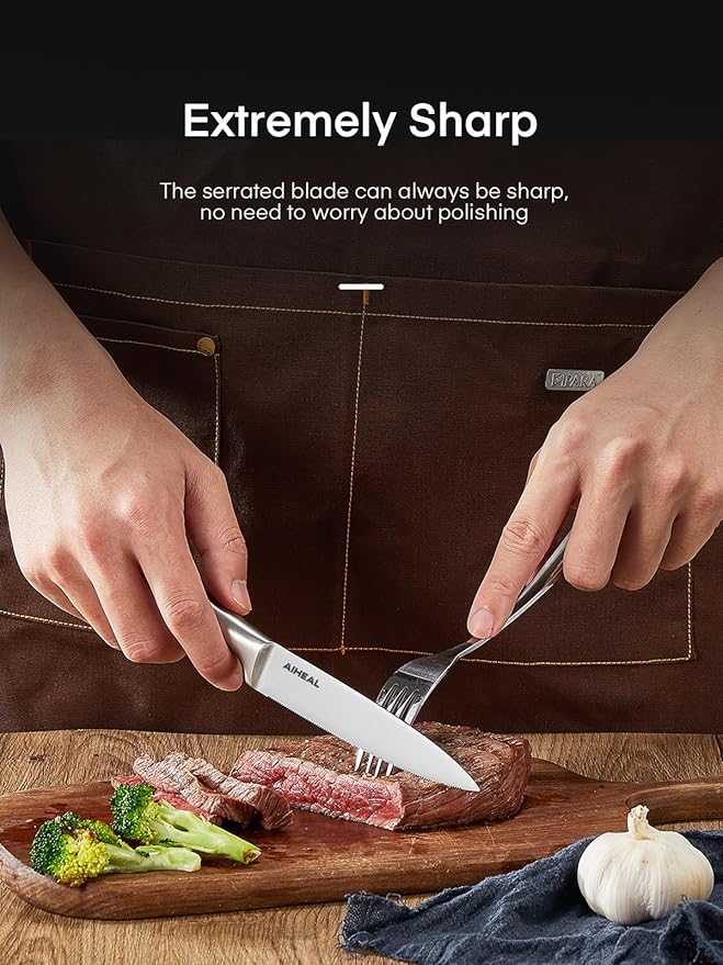 Aiheal Steak Knives Set of 8 with Clear Acrylic Stand, Stainless Steel Steak Knife Set, Sharp Micro-Serrated Steak Knives, Easy to Store