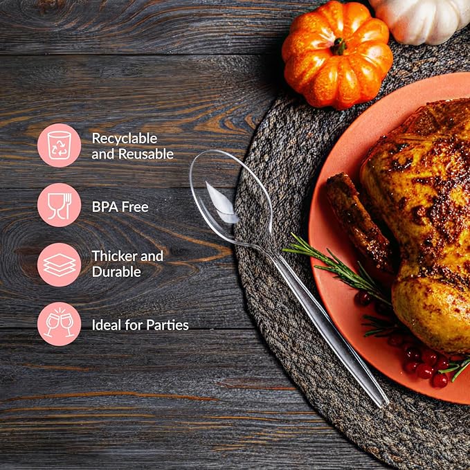 Prestee 100 Pack Clear Plastic Spoons Bulk - Heavy Duty 6" Plastic Silverware Spoons for Weddings, Parties and Catering Events - Heat-Resistant Utensils Disposable Spoons for Hot and Cold Food