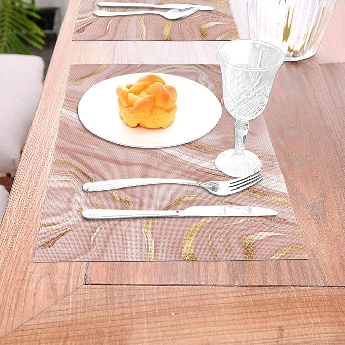 Pink Golden Marble Placemats Set of 4 Linen 12"x18" Rose Pink Modern Decorative Place Mats Washable Kitchen Table Mats for Dining Outdoor Farmhouse Home Decor Holiday Party Dining Mat