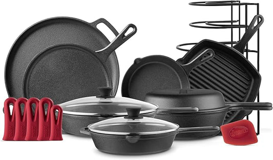 Cuisinel Cast Iron Cookware Set - Complete Pre-Seasoned Kit - 8" Skillet & 10" + 12" Skillets with Glass Lid + Grill Pan + Multi-Cooker/Dutch Oven + Flat Griddle + Pizza Pan + Organizer Rack - 2024