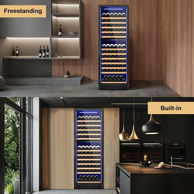 24 Inch Dual Zone Wine Cooler Refrigerator, Large Capacity Freestanding/Built-in Upgraded Professional Wine Fridge with Powerful Compressor, Advanced Cooling System, Quiet Operation, Black