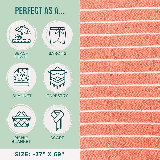 Sand Cloud Turkish Beach Towel - Sand Proof - 100% Certified Organic Turkish Towel - Quick Dry Towel for Beach, Picnic, Blanket or Bath Towel - As Seen on Shark Tank - Gocek (Coral)