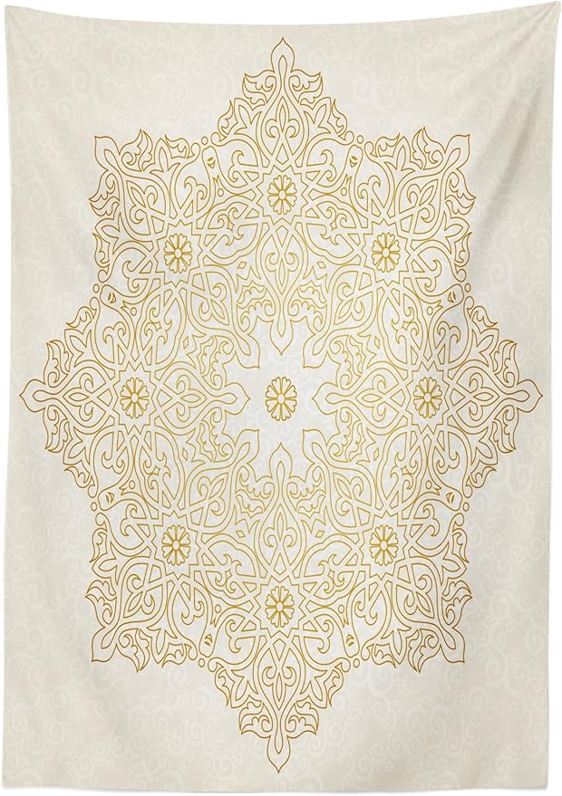 Ambesonne Mandala Tablecloth, Antique Pattern Blooming Garden Theme Filigree Style Traditional, Rectangular Table Cover for Dining Room Kitchen Decor, 60" X 84", Yellow Coconut