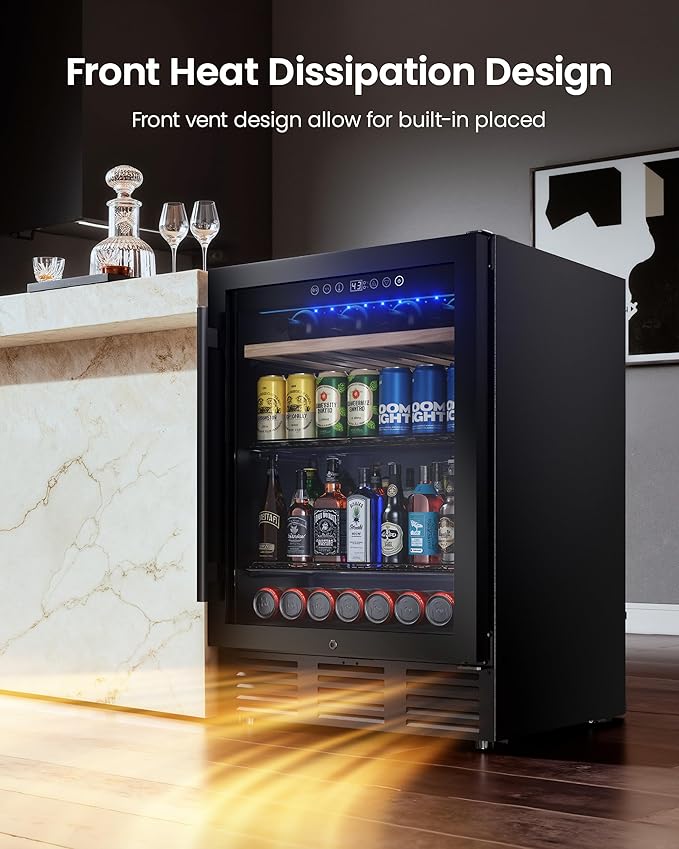 24 In Beverage Refrigerator, 112 Cans & 8 Bottles Wine Fridge with Double-Layer Glass Door, Built-In or Freestanding Wine and Beverage Refrigerator, Under Counter Fridge for Home/Bar/Cafe